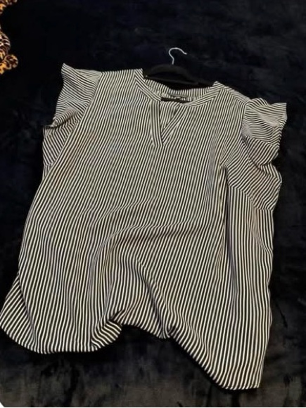 Adrianna Papell Black and White Vertical Stripe Ruffle-Sleeve Top